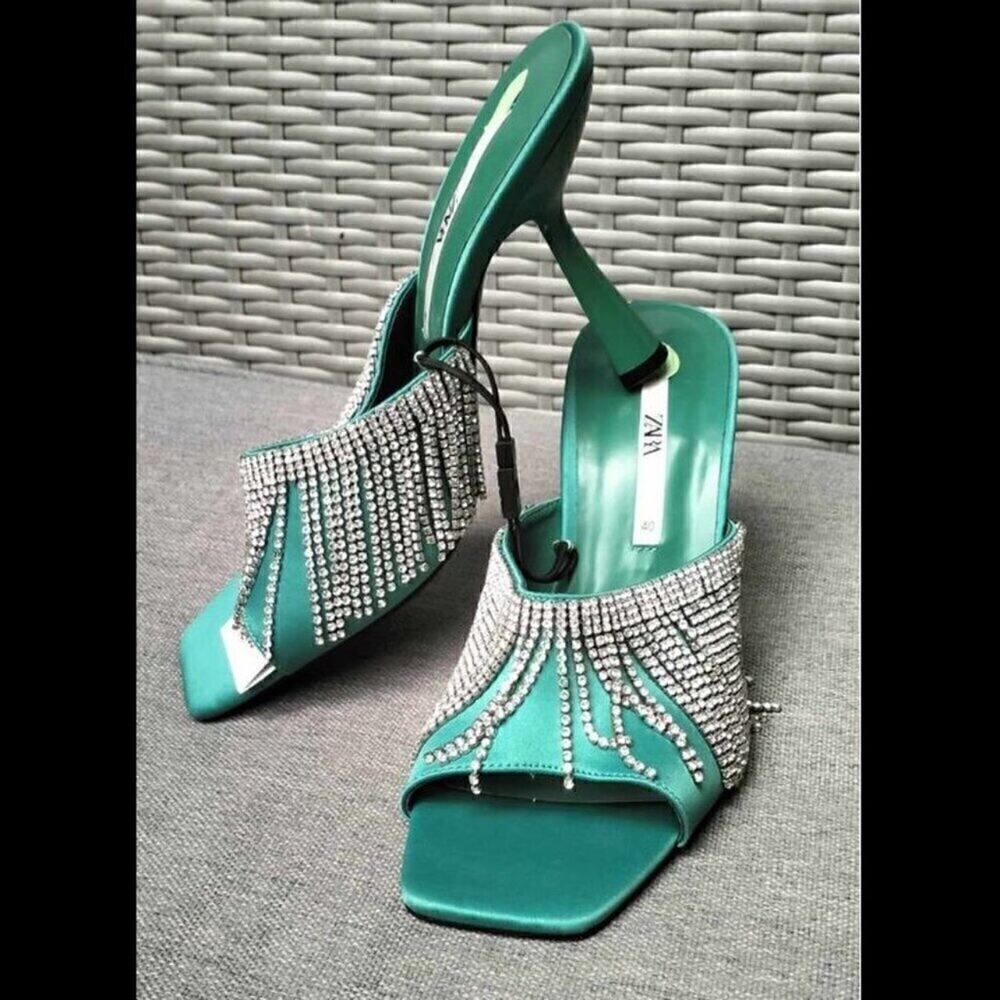 Zara Rhinestone Fringe Mule Heels Green Statement Sandals NWT - Picture 9 of 16